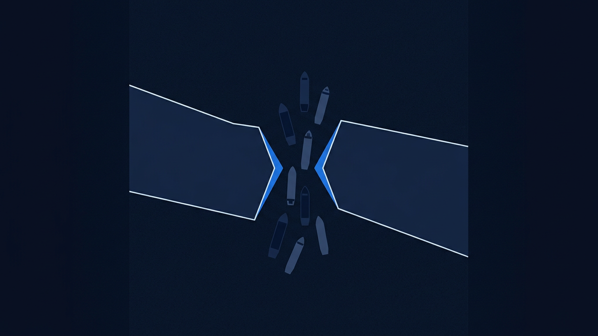 Abstract overhead view of a narrow maritime strait with cargo ship silhouettes funnelling through, conveying chokepoint tension
