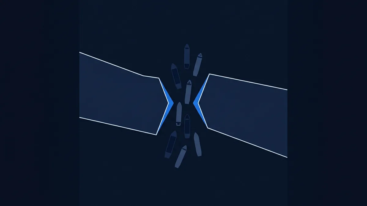 Top-down abstract diagram showing two converging arrow-shaped blue geometric corridors meeting at a central point, with roughly eight dark stylised ship silhouettes clustered at the junction, on a deep navy background.