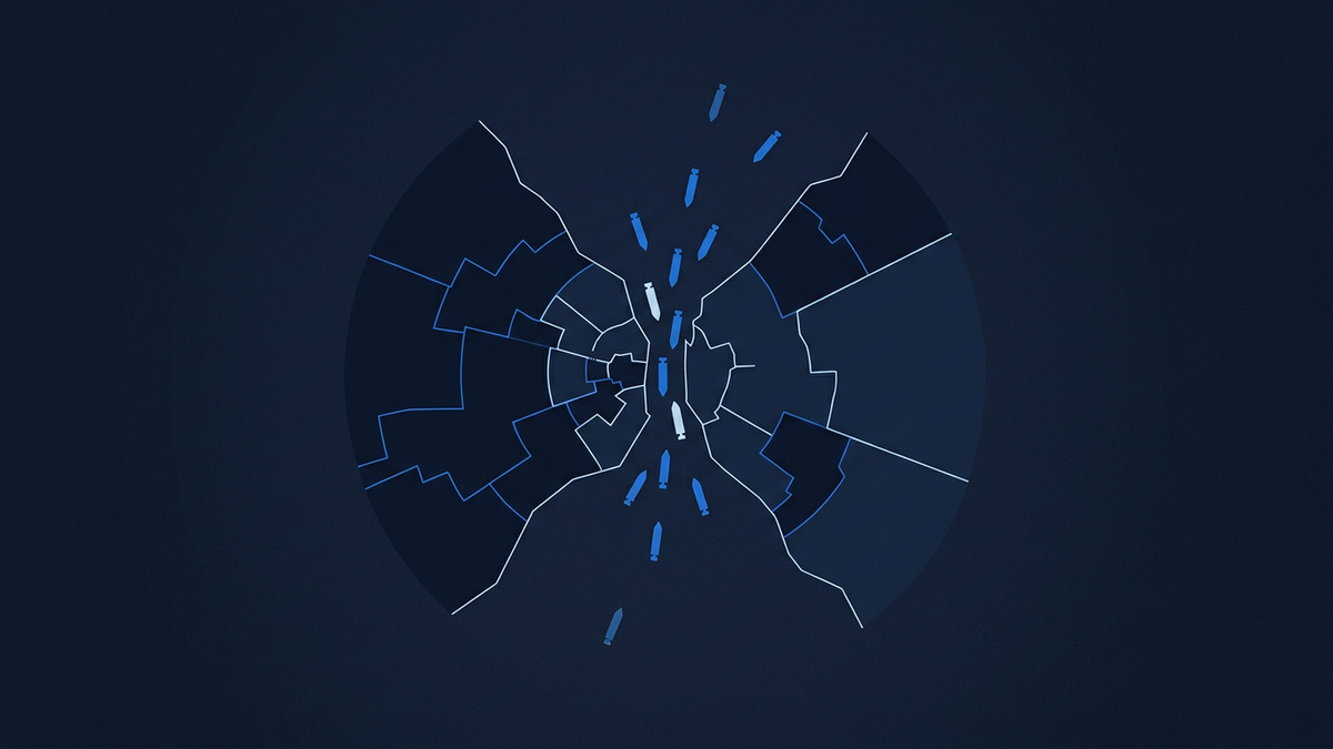 An abstract overhead view of a narrow maritime chokepoint, geometric ship silhouettes funnelling through a tight channel between two landmasses