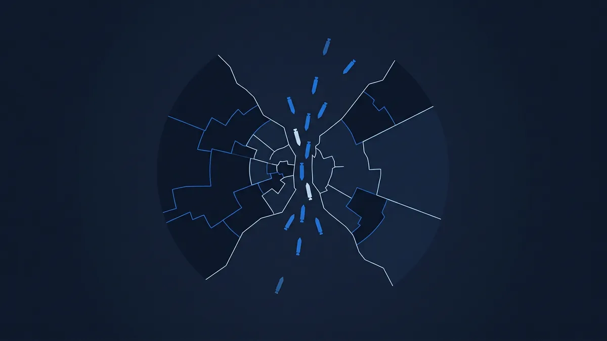 A stylised dark navy map viewed from above shows concentric district boundaries radiating from a city centre, with multiple blue bomb silhouettes falling along a vertical corridor through the urban layout.
