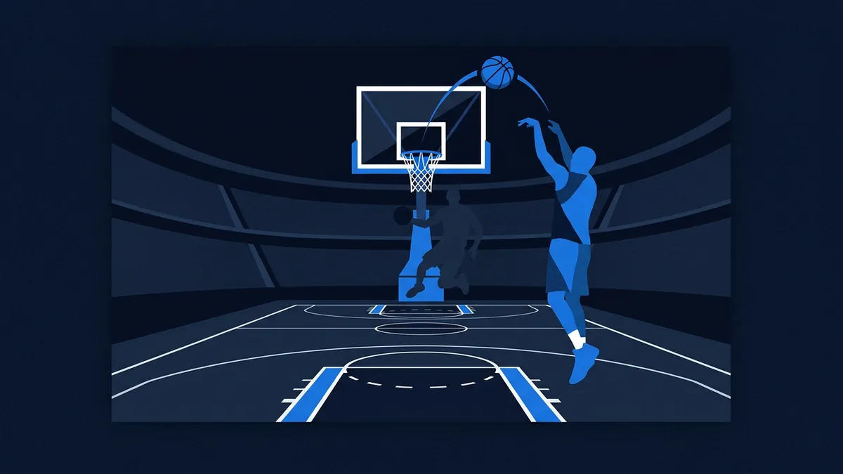 Two stylised blue silhouette basketball players near a hoop in a dark navy arena, one leaping to dunk a basketball toward the backboard, with court markings visible below.