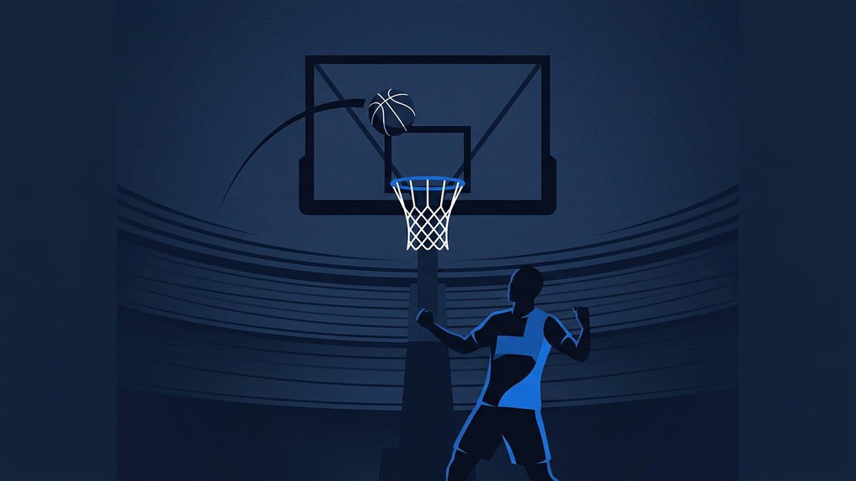 A lone basketball arcing toward an abstracted hoop in an empty navy arena bowl, the moment of release frozen at the centre of the frame