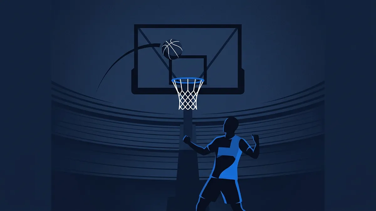 Two stylised silhouette basketball players in blue and navy stand near a hoop and backboard as a basketball bounces off the board, set against a dark navy arena background.
