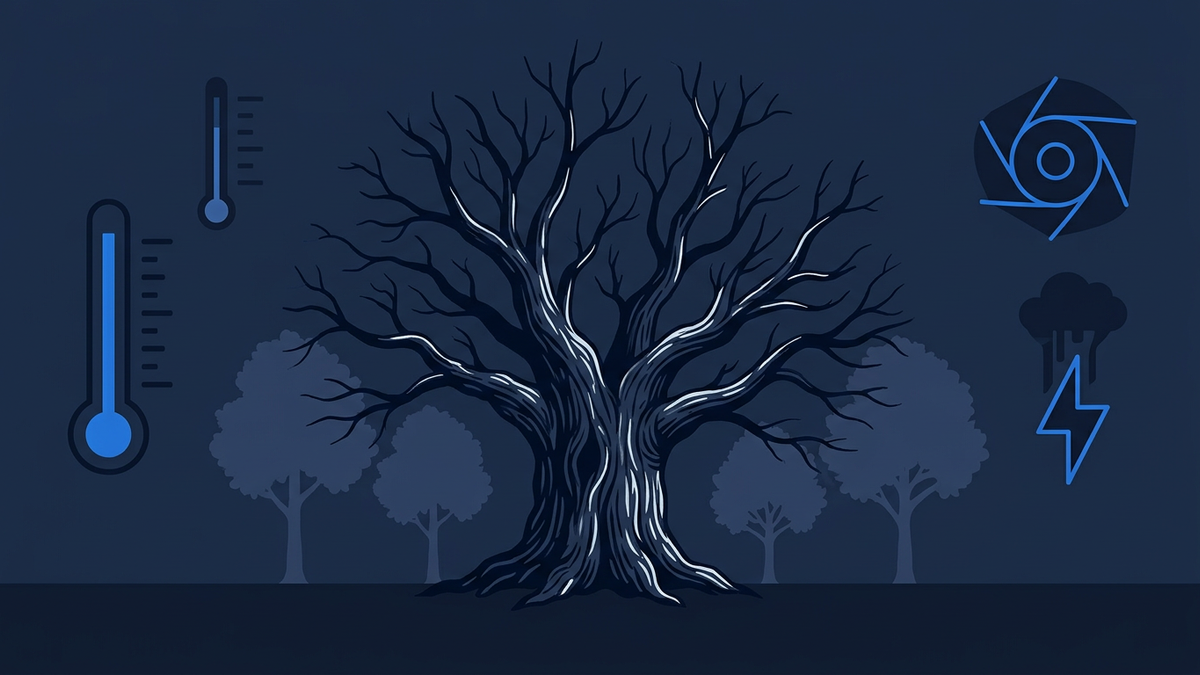 A vast ancient oak silhouette, branches bare and skeletal against an empty sky, dominating a clearing where younger trees stand untouched in the background.