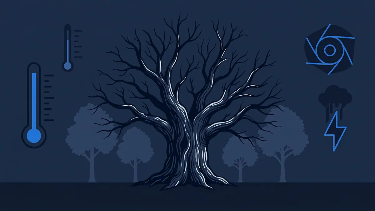 A bare, skeletal dark tree dominates the centre of a deep navy illustration, flanked by silhouetted leafy trees, with a thermometer icon on the left and a hurricane symbol and storm lightning icon on the right.