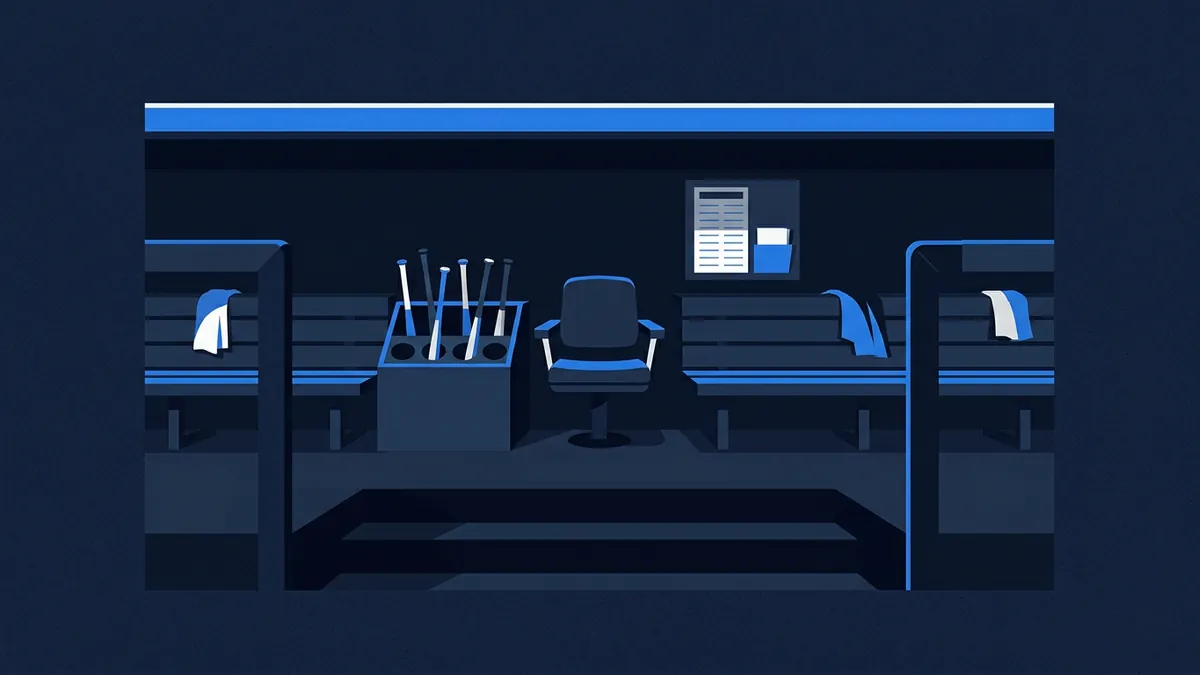 A stylised flat-art baseball dugout in deep navy and electric blue, showing benches on both sides, a central office chair, a bat rack holding several bats, towels draped over rails, and a lineup card on the back wall.