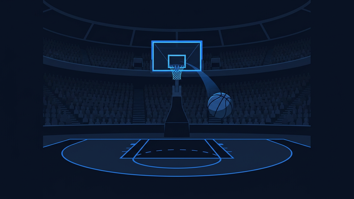 A stylised deep navy basketball arena at night, with a glowing blue backboard and hoop, a basketball arcing toward the rim, and rows of empty seats filling the background.