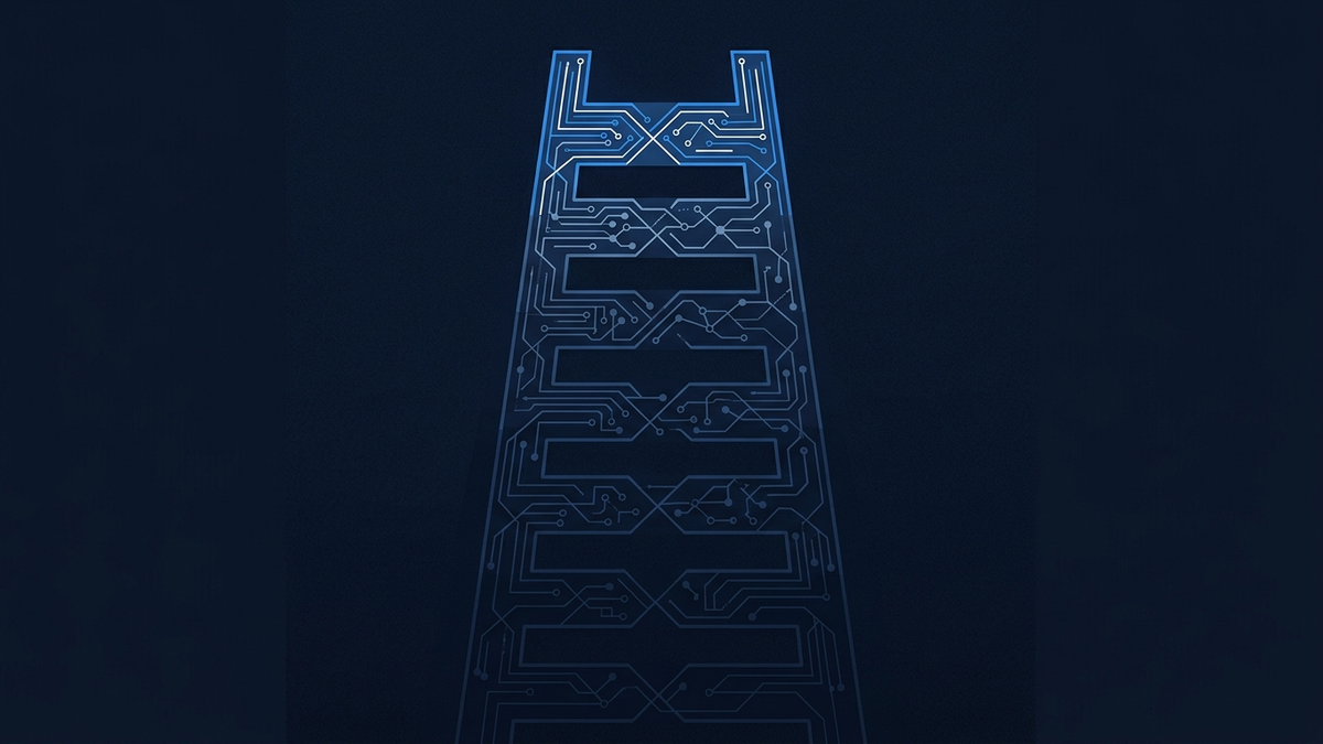 A vertical leaderboard ladder rising into navy negative space, with the top rung glowing brightly and the rungs below fading into shadow