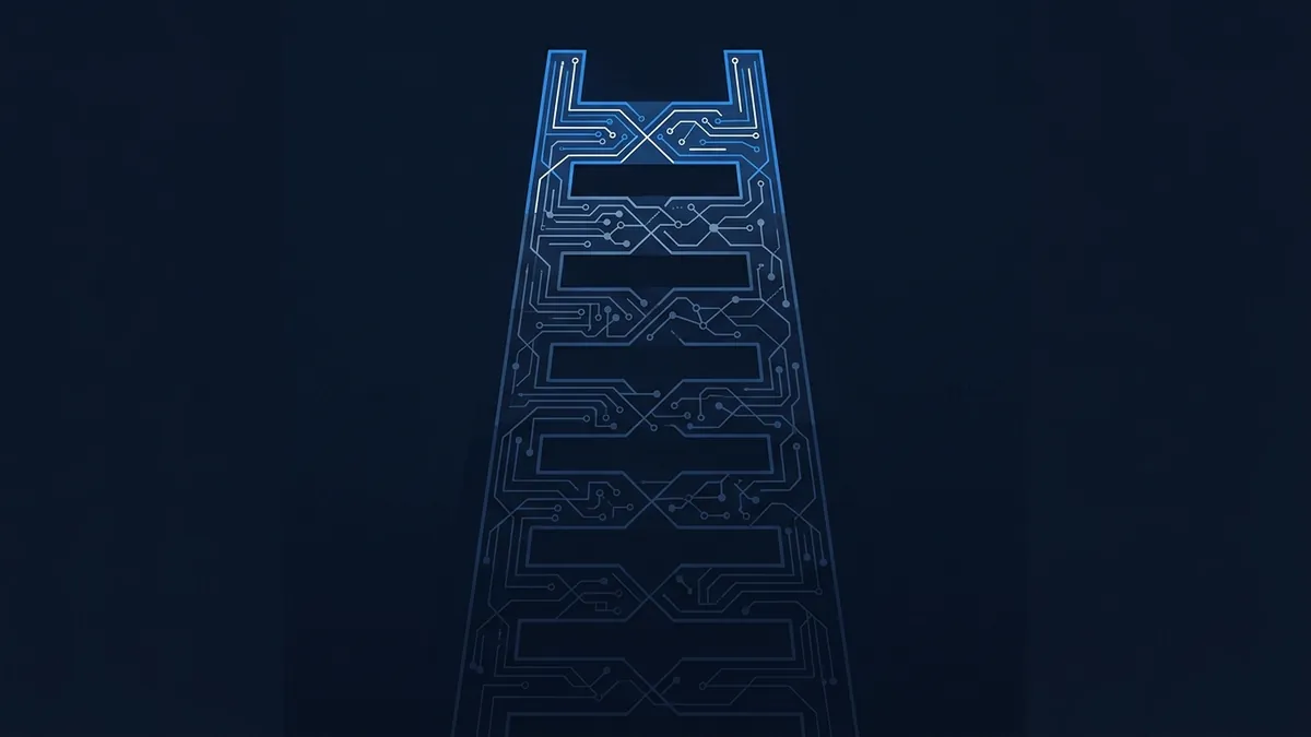 A ladder-shaped structure decorated with glowing blue circuit board traces and rectangular rungs recedes upward against a deep navy background, evoking a digital leaderboard or ranking graphic.