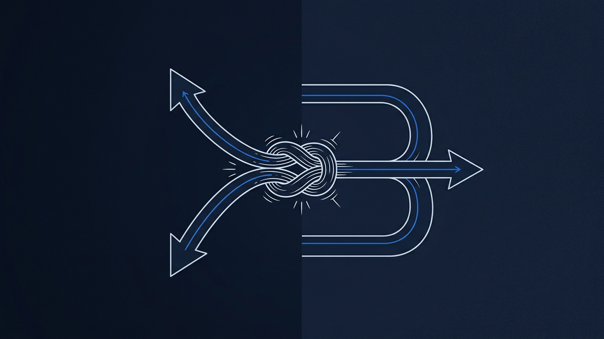 A tense diverging-path schematic showing two routes from a single point, one labelled resignation and one labelled challenge, both ending at the same destination