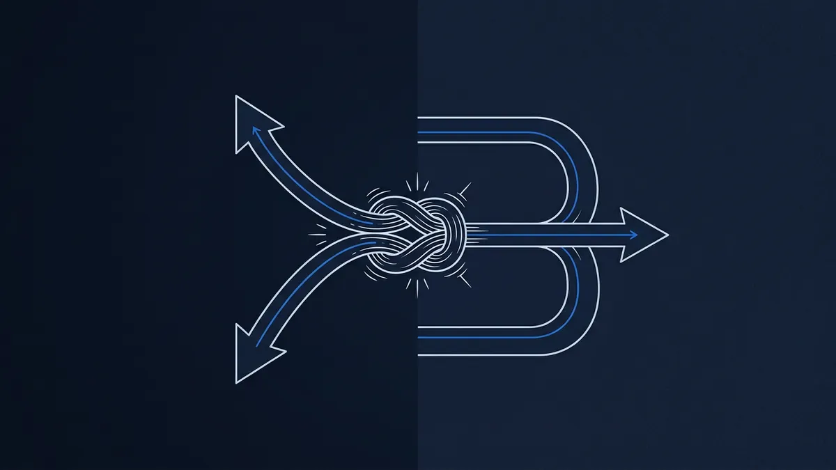 Abstract graphic on a dark navy background showing stylised line arrows diverging from a central rope knot, with looping blue and white curved lines forming a path motif.