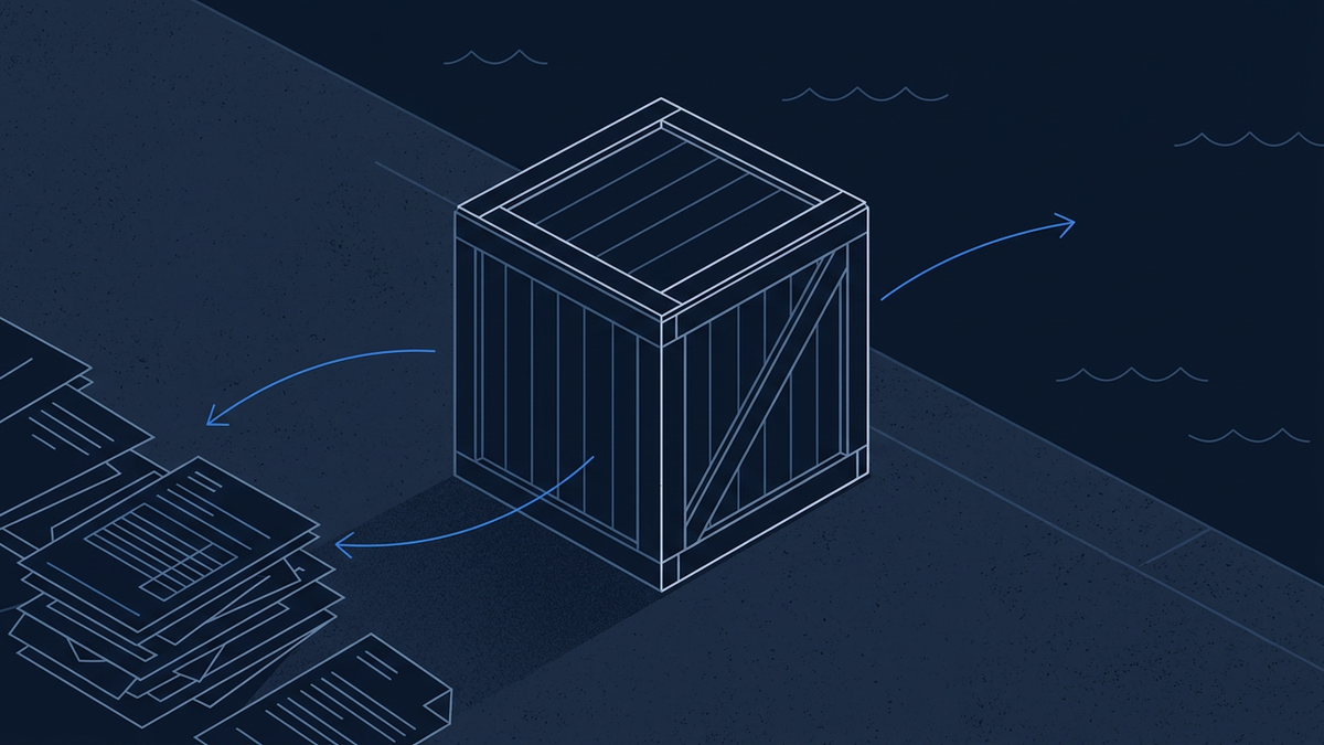 A heavy shipping crate stalled on a dockside between two divergent paths, one leading east across open water and one looping back into bureaucratic stacks of paperwork