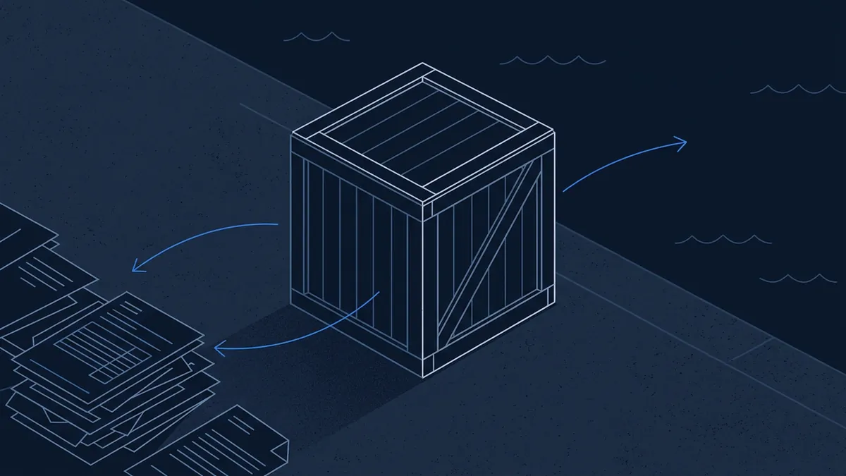 A wireframe wooden shipping crate sits at the centre of a dark navy isometric scene, with blue curved arrows pointing left toward stacked document outlines and right toward wave motifs, suggesting a logistics or data-flow concept.