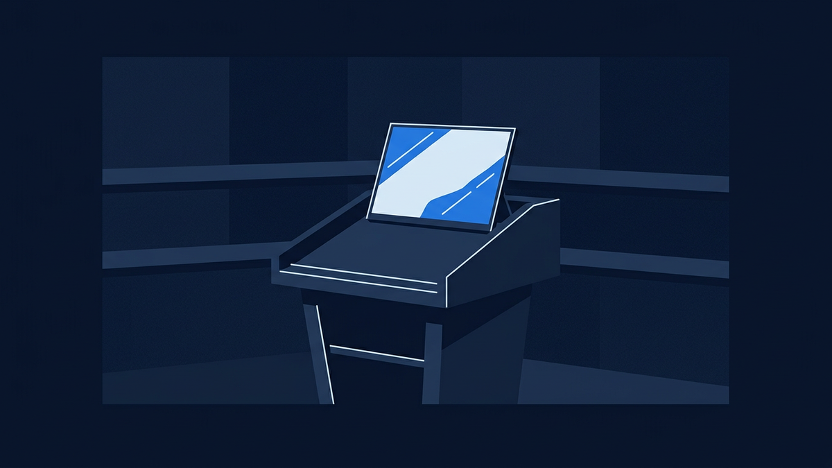 A lectern seen from behind with a blank prompter glass angled toward it, the room beyond rendered as flat geometric shapes in deep navy