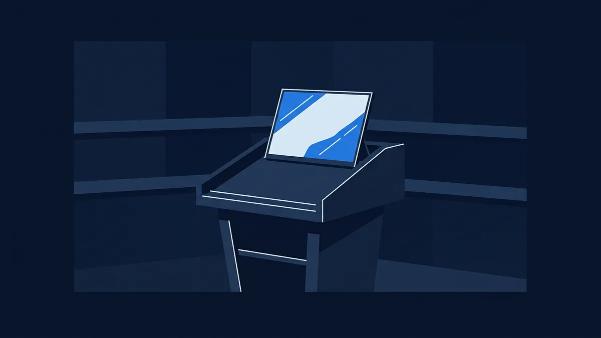 A stylised dark navy lectern with an open laptop displaying a blue and white abstract screen, set against a geometric dark blue background with subtle shelf-like shapes.
