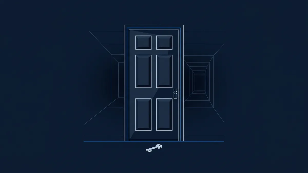 A flat geometric illustration of a six-panel door centred on a deep navy background, with receding perspective lines radiating outward and a small key icon on the floor below.