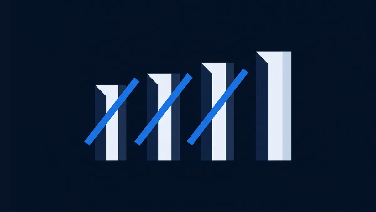 Abstract bar chart graphic with four vertical white and navy columns of increasing height, overlaid by three diagonal blue stripes, set against a dark navy background.