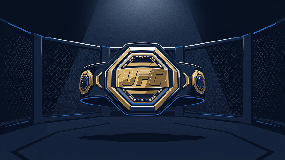 A vacant championship belt suspended in the centre of a darkened arena, octagonal cage geometry receding into atmospheric space around it