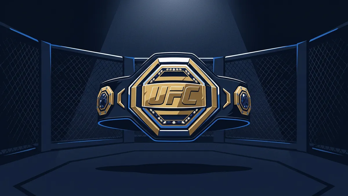 A gold and navy UFC championship belt floats in the centre of a darkened octagonal MMA cage, spotlit against chain-link fence panels and a deep blue palette.