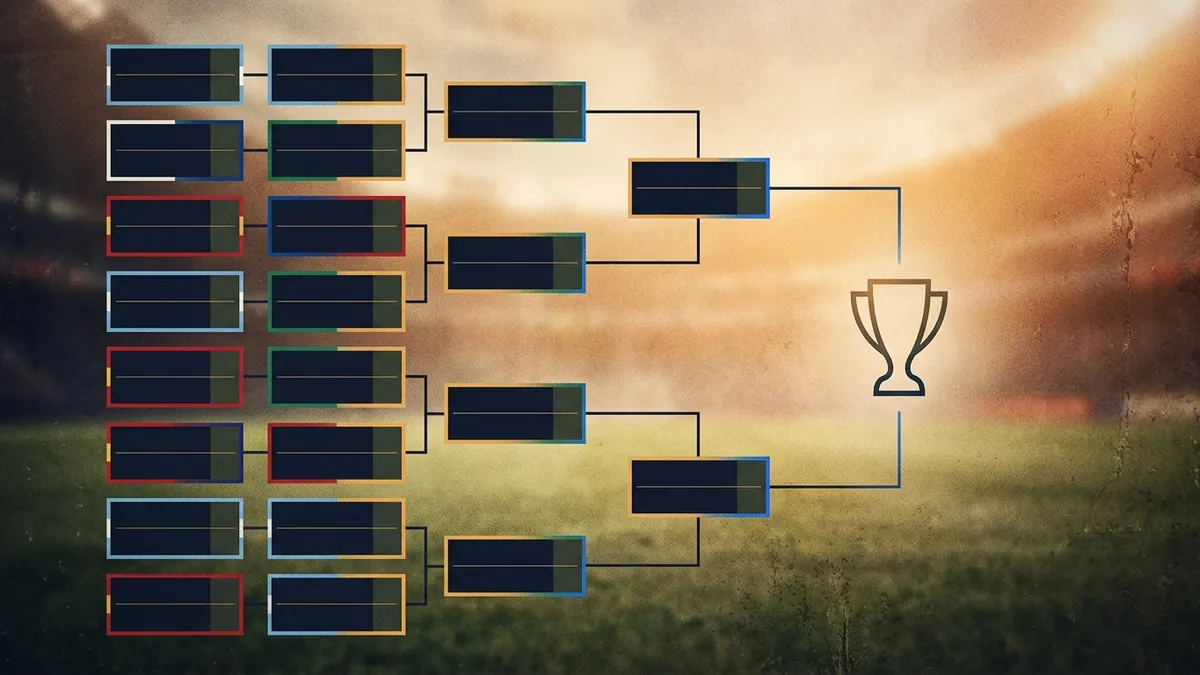 A tournament bracket chart with coloured rectangular team slots arranged in elimination rounds, bracket lines converging toward a trophy icon on the right, set against a blurred floodlit stadium background in warm amber and green tones.