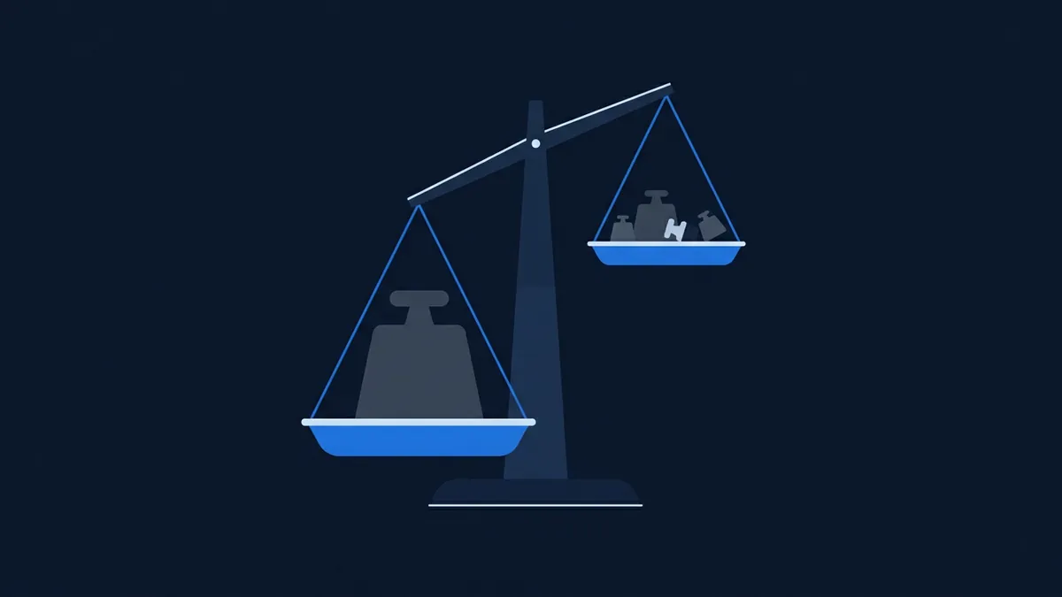 A balance scale tilted left under one large dark weight, while the right pan holds several smaller weights, set against a deep navy background in flat geometric style.
