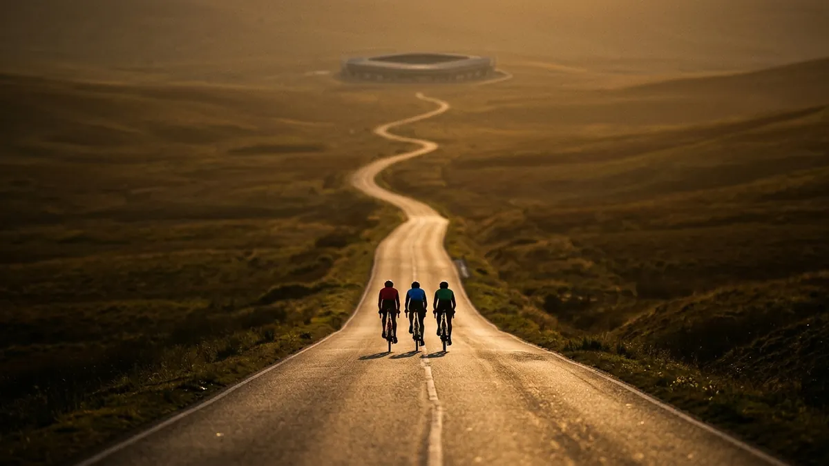 Three cyclists in red, blue, and green jerseys ride away from the camera along a winding two-lane road through golden-lit moorland toward a distant circular stadium.