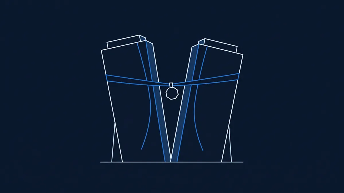 Minimalist line art of two tall angular towers leaning inward, connected by a curved blue line with a small octagonal pendant hanging at the centre, on a deep navy background.