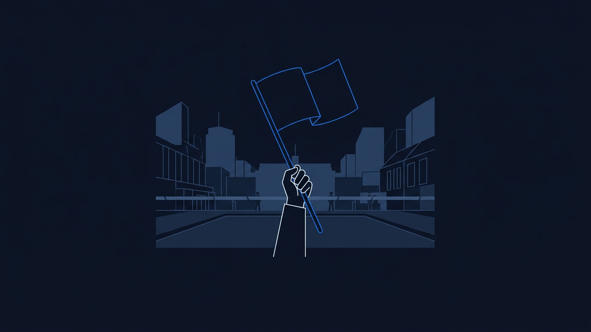 A flat editorial illustration of a single protest banner held high against an empty city square, the architecture reduced to angular silhouettes