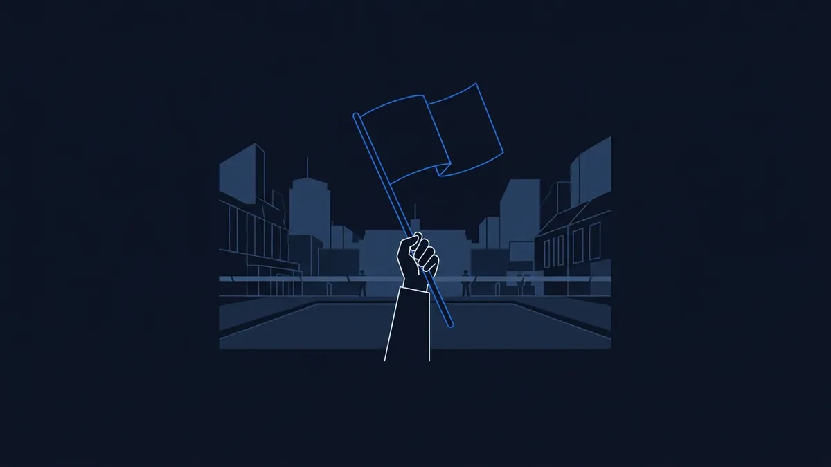 A stylised line-art hand raises a plain flag on a pole above a dark navy city street flanked by angular building silhouettes, rendered in deep blue tones with white and blue outlines.