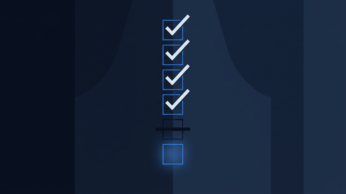 A flat editorial illustration of a row of ticked boxes on a tally sheet, with one unmarked box near the end glowing faintly
