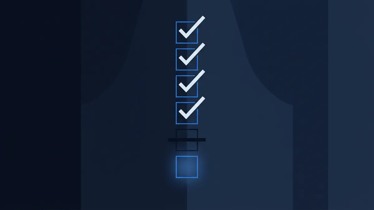 A vertical checklist of six square boxes on a dark navy background, with four white checkmarks in the top boxes, one darker crossed-out box, and one glowing blue empty box at the bottom.
