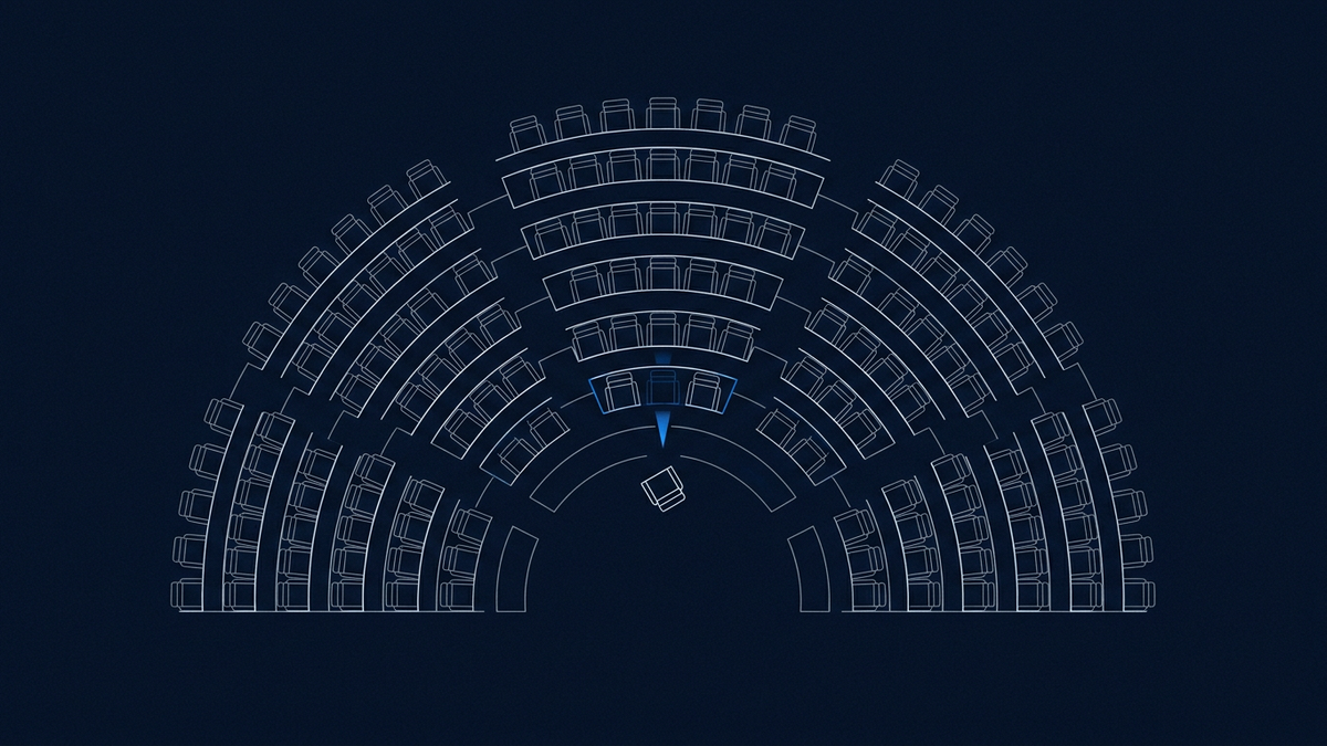 An abstract Senate chamber floor viewed from above, with a scattered arc of empty seats and a single tipping ballot form at the centre