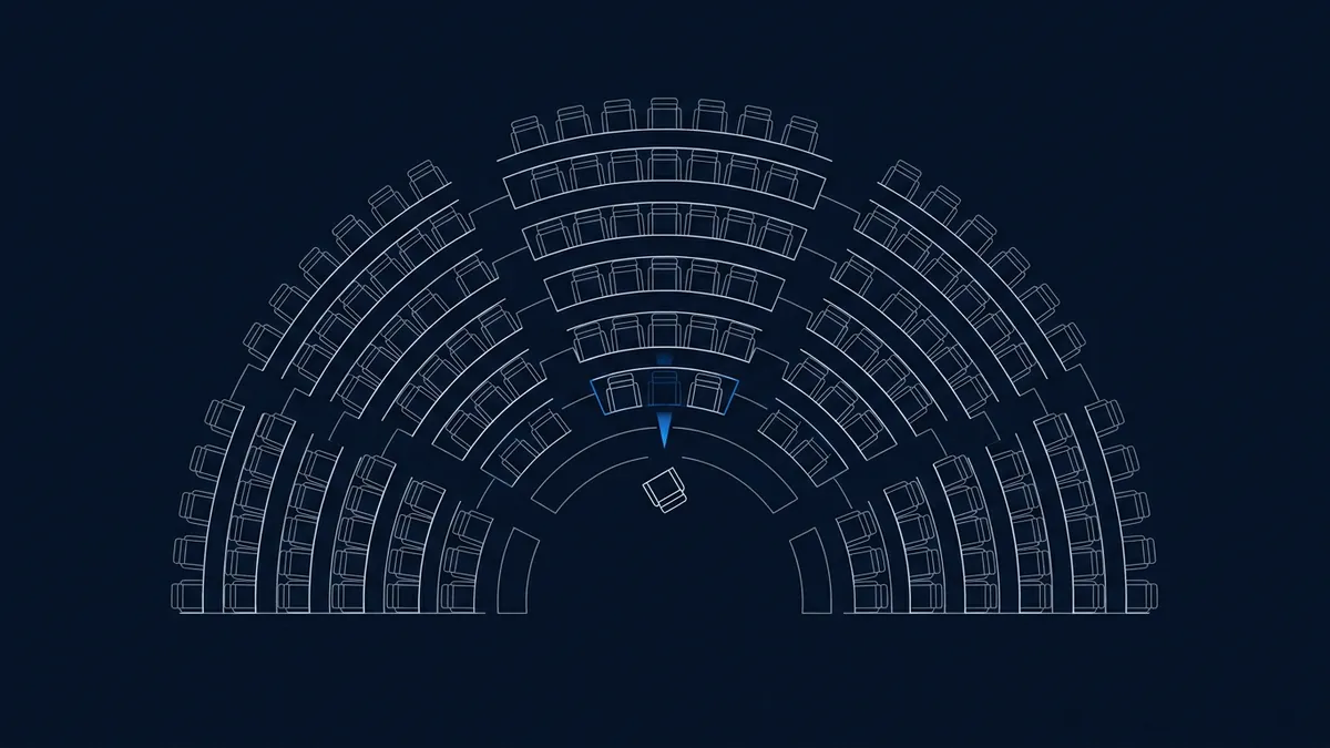 Top-down blueprint-style diagram of a semicircular parliamentary chamber, with rows of outlined seats arranged in concentric arcs, two highlighted blue seats at centre, and a single small square object on the floor, all rendered in white line art on a deep navy background.