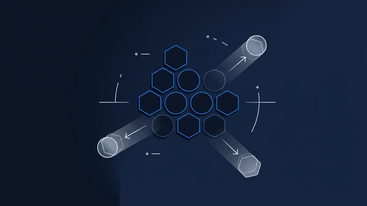 A cluster of blue-outlined hexagons arranged in a honeycomb grid sits at the centre of a dark navy background, with three diagonal semi-transparent tubes bearing arrows radiating outward, suggesting data flow or network connectivity.
