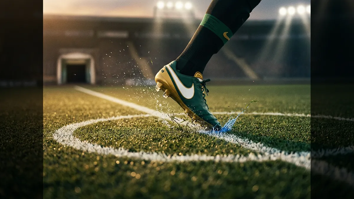 A Nike football boot in teal and gold stomps onto the centre circle of a floodlit grass pitch, scattering water droplets and turf fragments against a warm stadium backdrop.