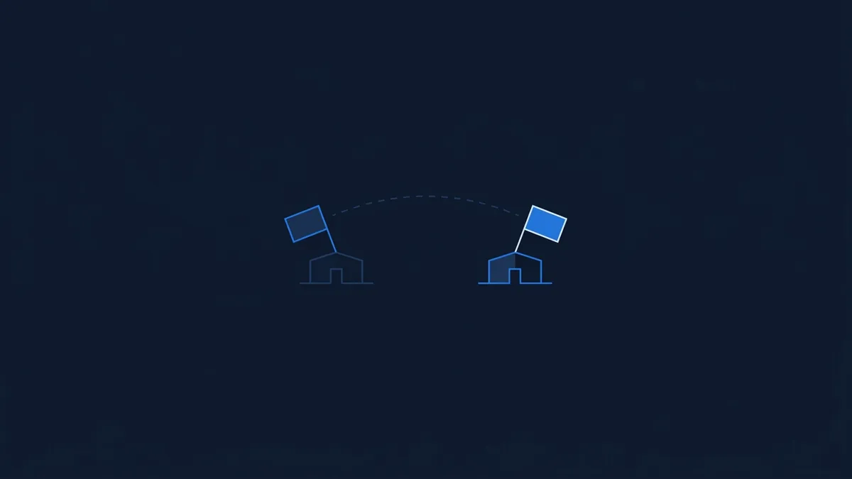 Two small blue house icons with blue flags on a dark navy background, connected by a dashed arc line suggesting a transfer or link between two locations.
