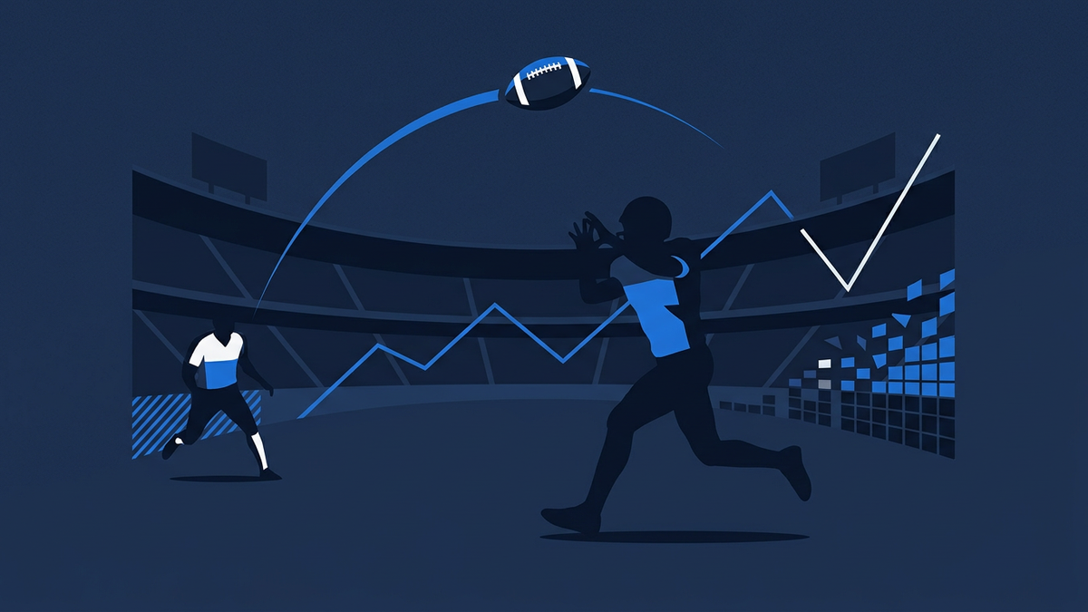 A lone American football arcing toward an abstracted goal post structure, an empty stadium bowl behind it, kit-coloured silhouette suggesting a wide receiver mid-route