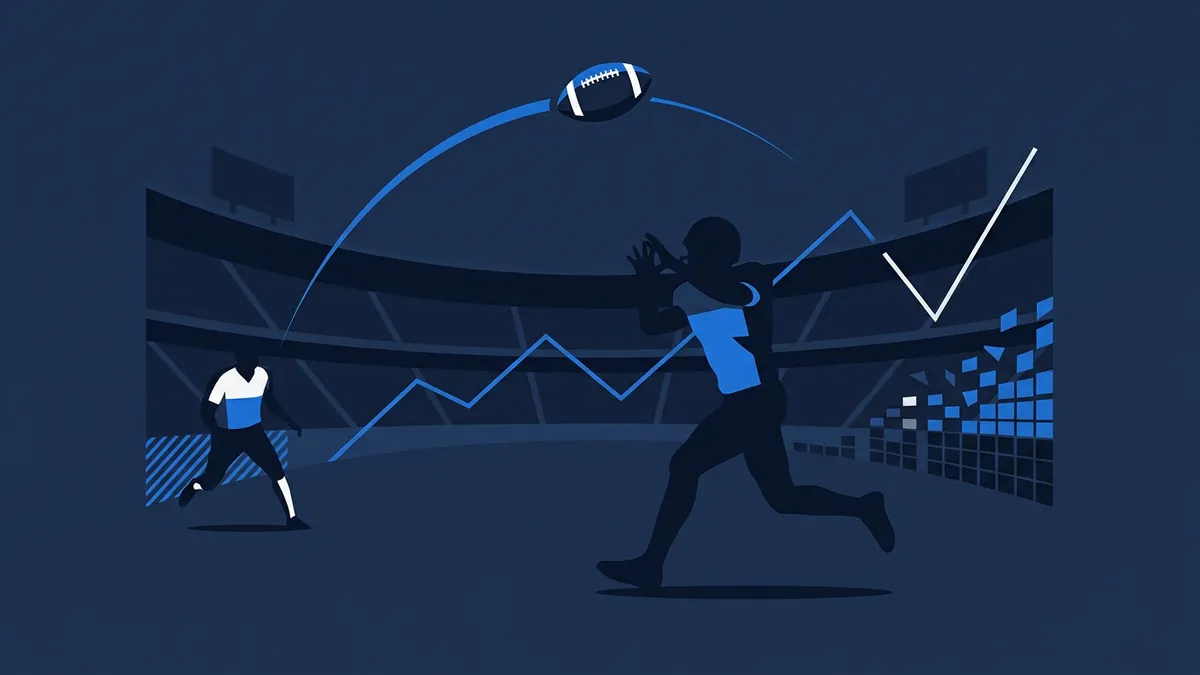 Two stylised American football players in a dark navy stadium: a large silhouetted receiver in blue reaches up to catch an arcing ball, while a smaller player in white and blue runs in from the left. A blue line chart rises across the field behind them, and a white V-shaped trend line with a blue bar chart appears on the right.