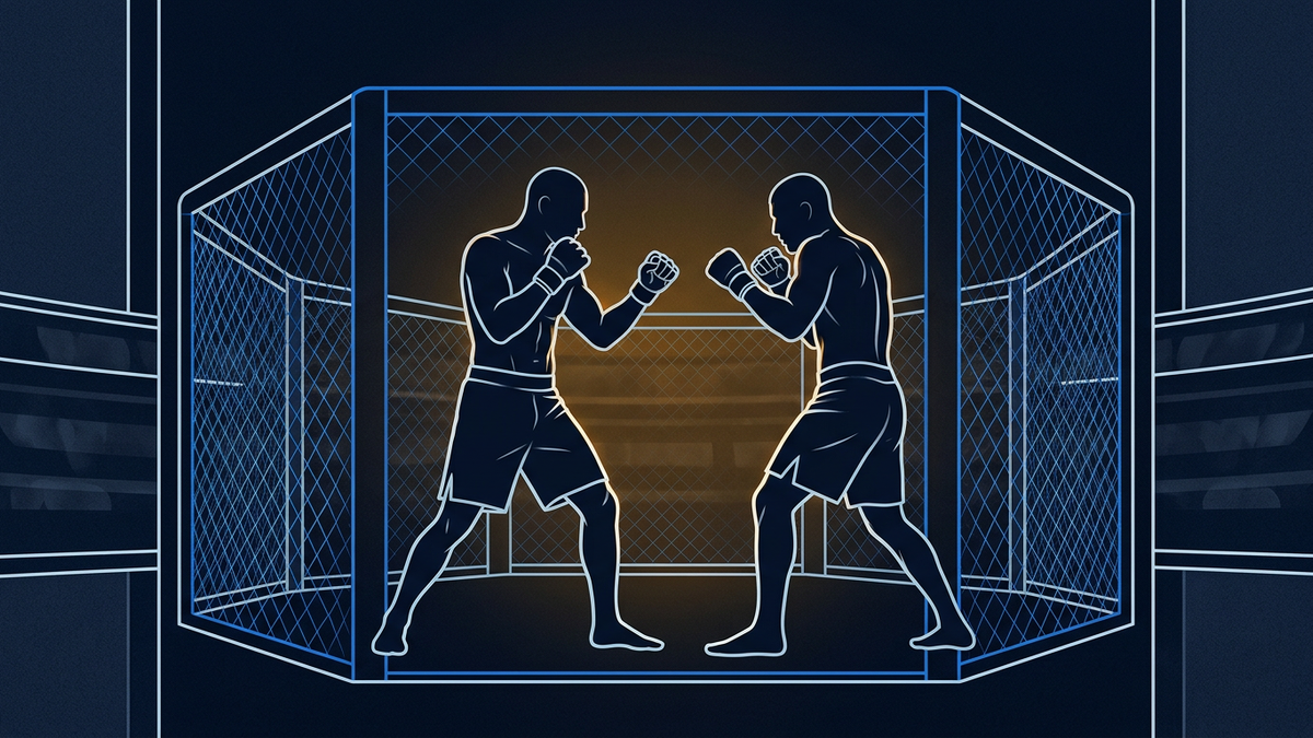 Two mixed martial arts fighters squared up in silhouette inside a hexagonal cage, warm light behind them and a darkened arena bowl beyond