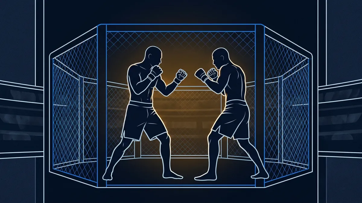 Two MMA fighters face each other in fighting stances inside a stylised octagonal cage, rendered as dark silhouettes with white outlines against a warm amber glow, on a deep navy background.