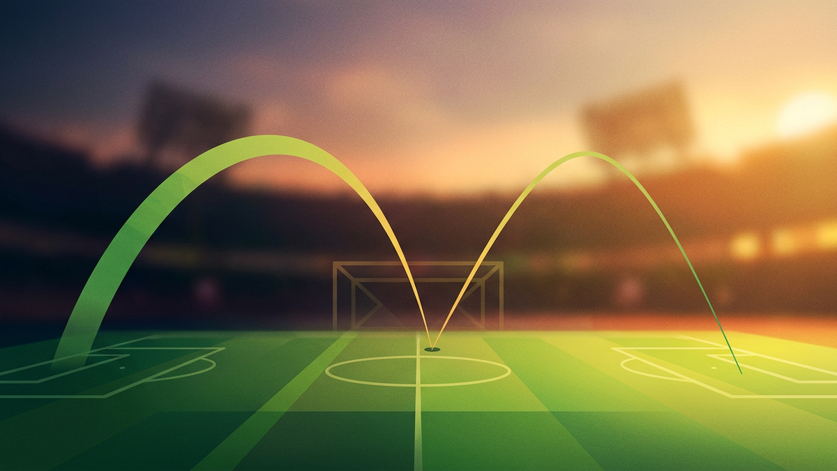 A flat editorial illustration of two converging football trajectories meeting at a central point above an abstracted pitch, one bolder than the other, against a deep navy field