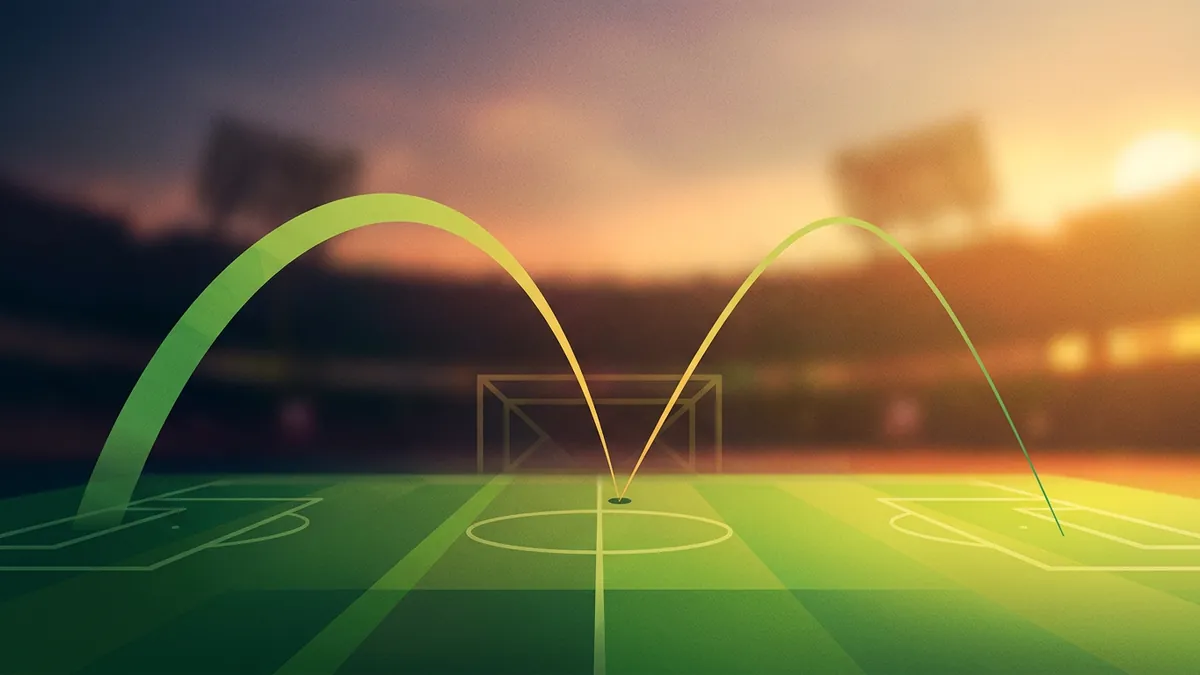 Three animated green arc trajectories curve over a bright green football pitch at sunset, converging near the centre circle, with a blurred stadium and goal in the warm orange background.