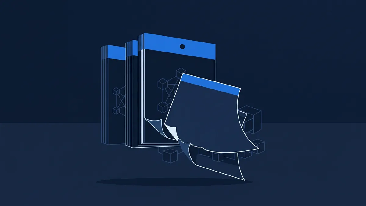 Stacked dark blue calendar or notepad pages with a blue header bar, one page tearing away dramatically, surrounded by floating 3D cube and node network motifs on a deep navy background.