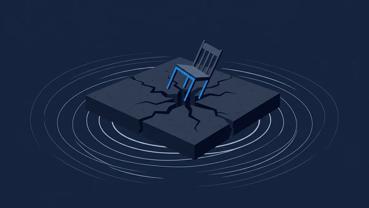 A cracked dark platform floats on a navy background with concentric ripple lines radiating outward, a single wooden chair with blue-highlighted legs tilted at its centre.