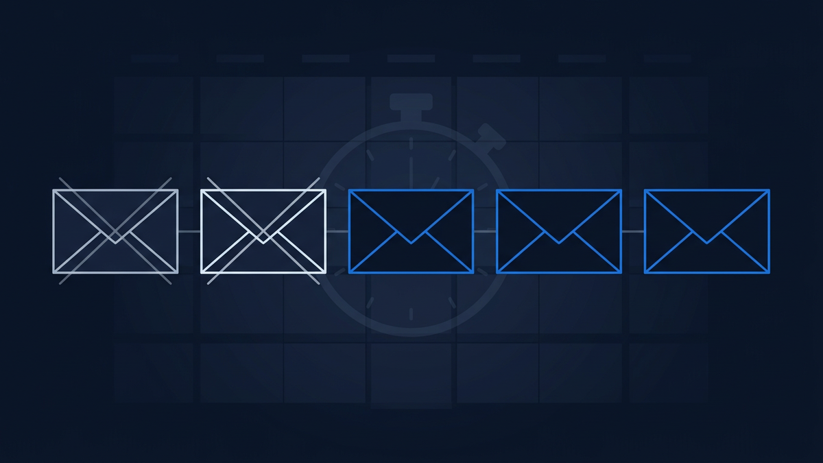 A row of five sealed envelopes on a flat surface, two crossed out and three still closed, sitting in a pool of negative space