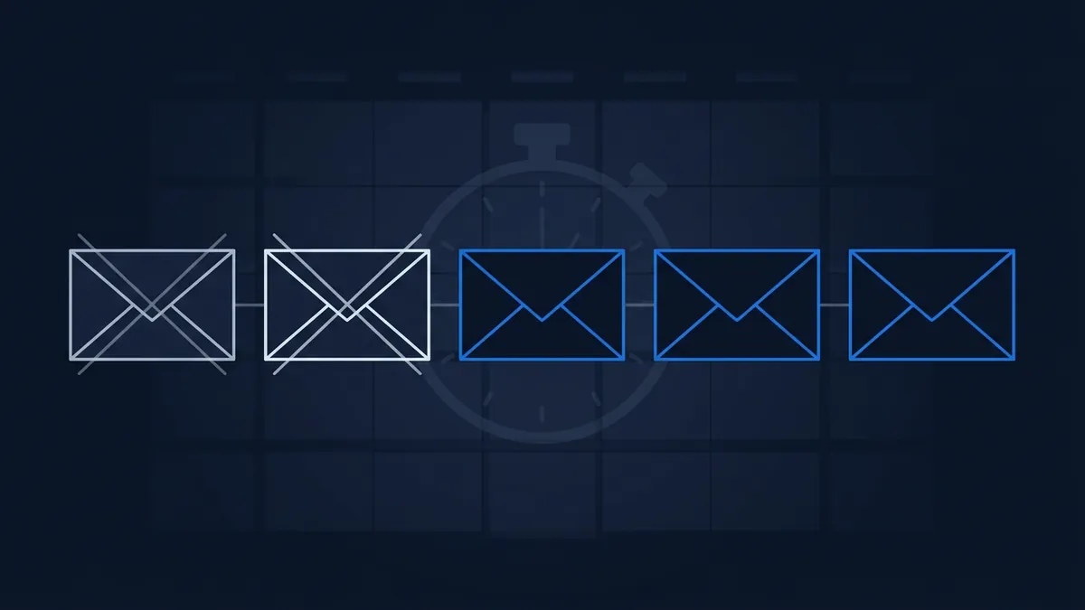 Five email envelope icons arranged in a row on a dark navy grid background, the first two in white outline style and the last three in blue outline style, with a faint stopwatch icon behind them.