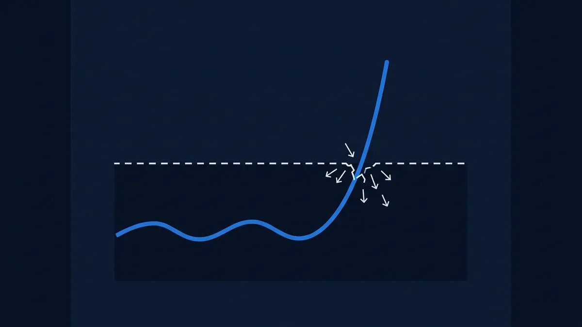 A blue line chart on a dark navy background shows a wavy flat signal that curves sharply upward, crossing a white dashed horizontal threshold line, with small white arrows radiating outward at the breakout point.