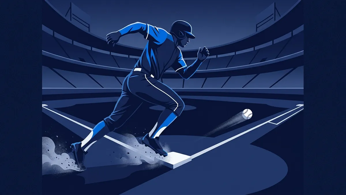 A stylised illustration of a baseball player in a blue uniform rounding a base at speed, dust kicking up underfoot, with a baseball rolling nearby and a large stadium in the background, rendered in a deep navy and blue palette.