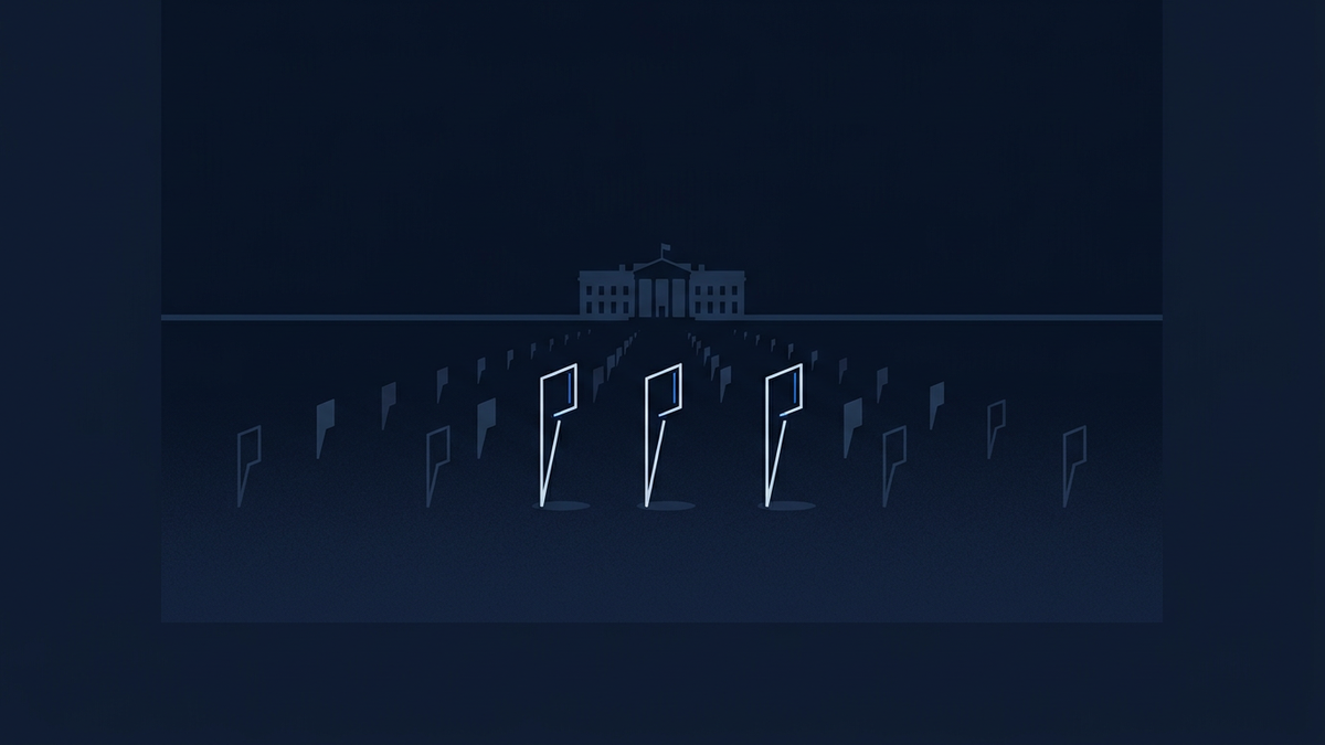 A long horizon line stretching toward a distant abstract White House silhouette, with dozens of small candidate-shaped markers scattered across the foreground at varying heights.