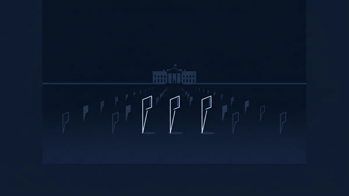 A dark navy illustration showing the White House silhouette on the horizon, with rows of stylised rectangular marker shapes in the foreground, the three central markers glowing with bright blue outlines against the deep blue palette.
